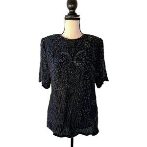 Vintage 100% Silk Exotica 80s Maximalist Glam Black Heavily Beaded Party Blouse